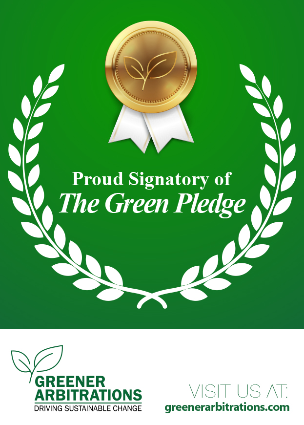 Certificate-style badge for the Greener Arbitration Pledge, highlighting Alsuwaidi & Company’s commitment to sustainability and ESG principles.